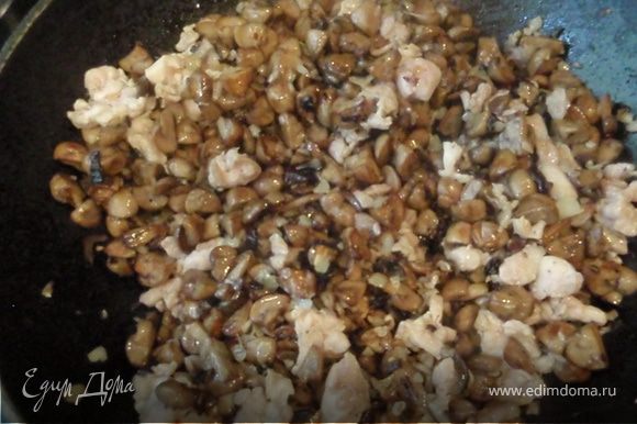 Затем добавим к грибочкам лук и курочку, ещё немного обжарим. Приправим солью и перцем и оставим томиться под крышкой минут 5-10