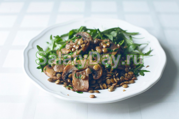 Вегетарианский салат с жареными грибами и чечевицей