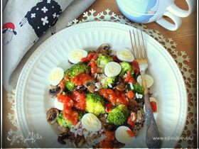 Рис с брокколи, грибами и перепелиными яйцами