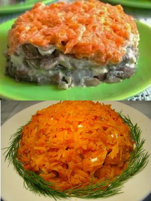 как приготовить слоеный салат с грибами и морковью